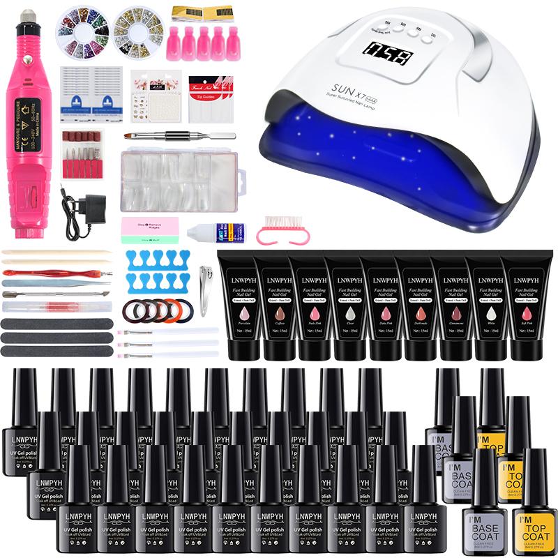

Manicure Set Nail Extensions Quick Building Gel Soak Off Gel Nail Polish Set UV LED Lamp Dryer drill machine Kit