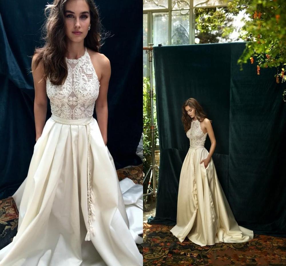 

2021 New Ivory Lace Boho Wedding Es with Pocket Elegant Jewel a Line Beach Satin Bridal Gowns Custom Made Vestidos De Noiva Sb7d, White