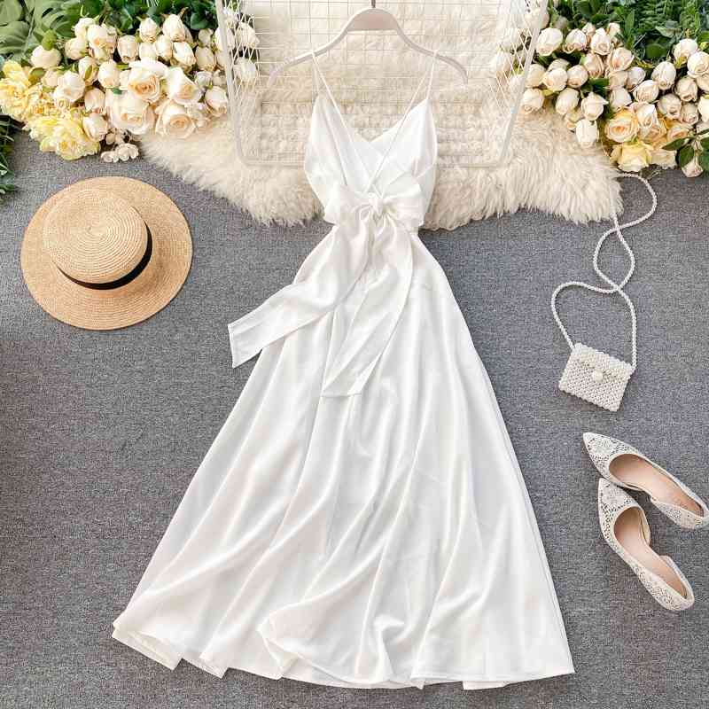 

Retro Women Party Dress Slim A-line Bandage Long Robe Ladies V-neck Sexy White Summer Elegant Midi 210602