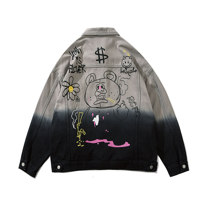 

2021 New Graffiti Streetwear Gradient Loose Denim Men and Women Lapel Washed Retro Casual Jeans Coat Windbreaker Bomber Jacket 90i2, Black