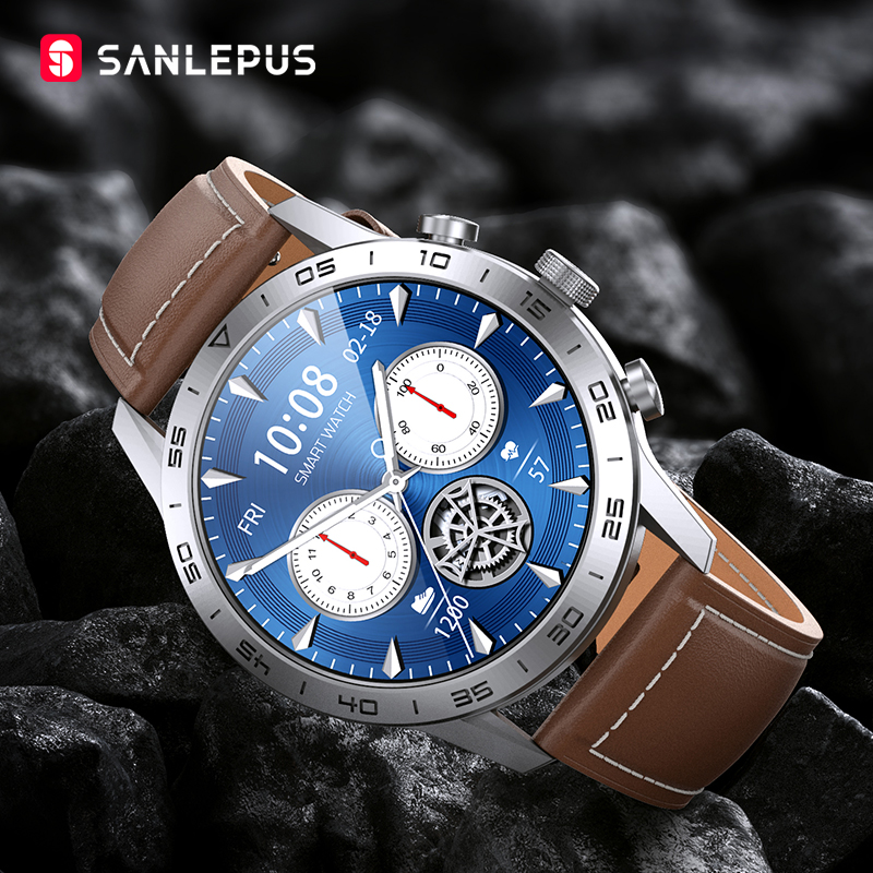 

SANLEPUS Wireless Charging Smart Watch 2021 NEW IP68 Waterproof Smartwatch Mens Watches Fitness Bracelet For Apple Android, Black-leather