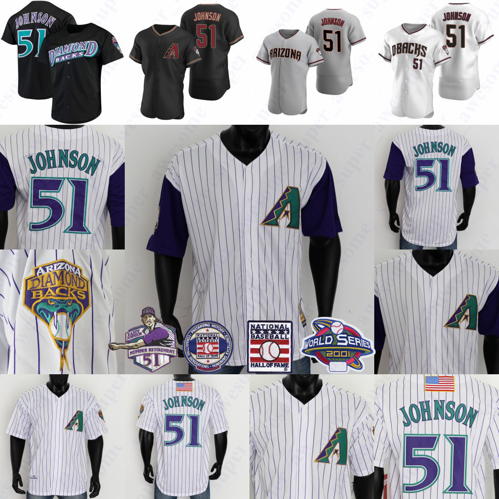 

51 Randy Johnson Jersey 2001 WS Patch Baseball Hall Of Fame Baseball Jerseys White Purple Pinstripe, White purple stripes