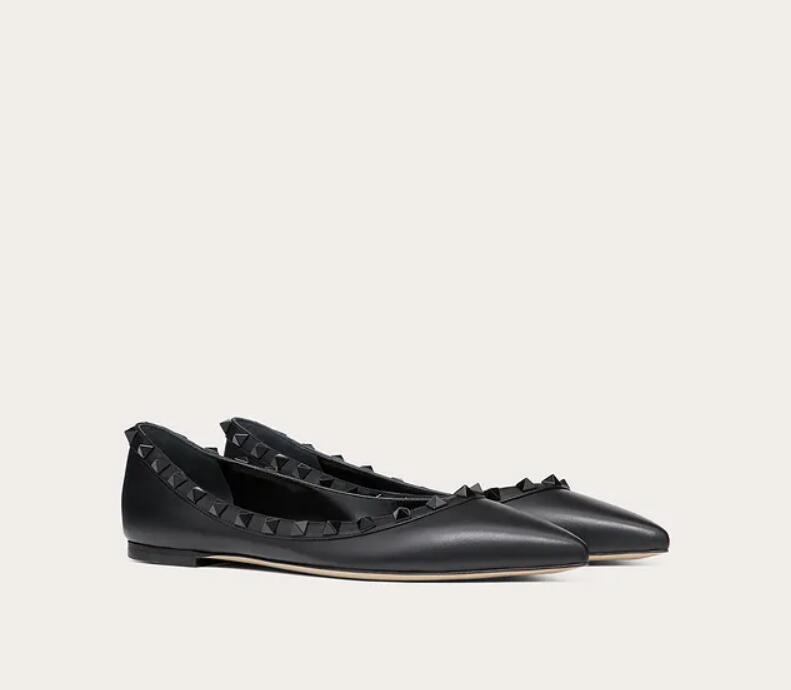 

Hot Sale-Top Quality Rock Studs Leather Ballerinas Flats Ballet Cage Sexy Rivets Pointed Toe Women Luxurious Brands Comfort Walking, Black