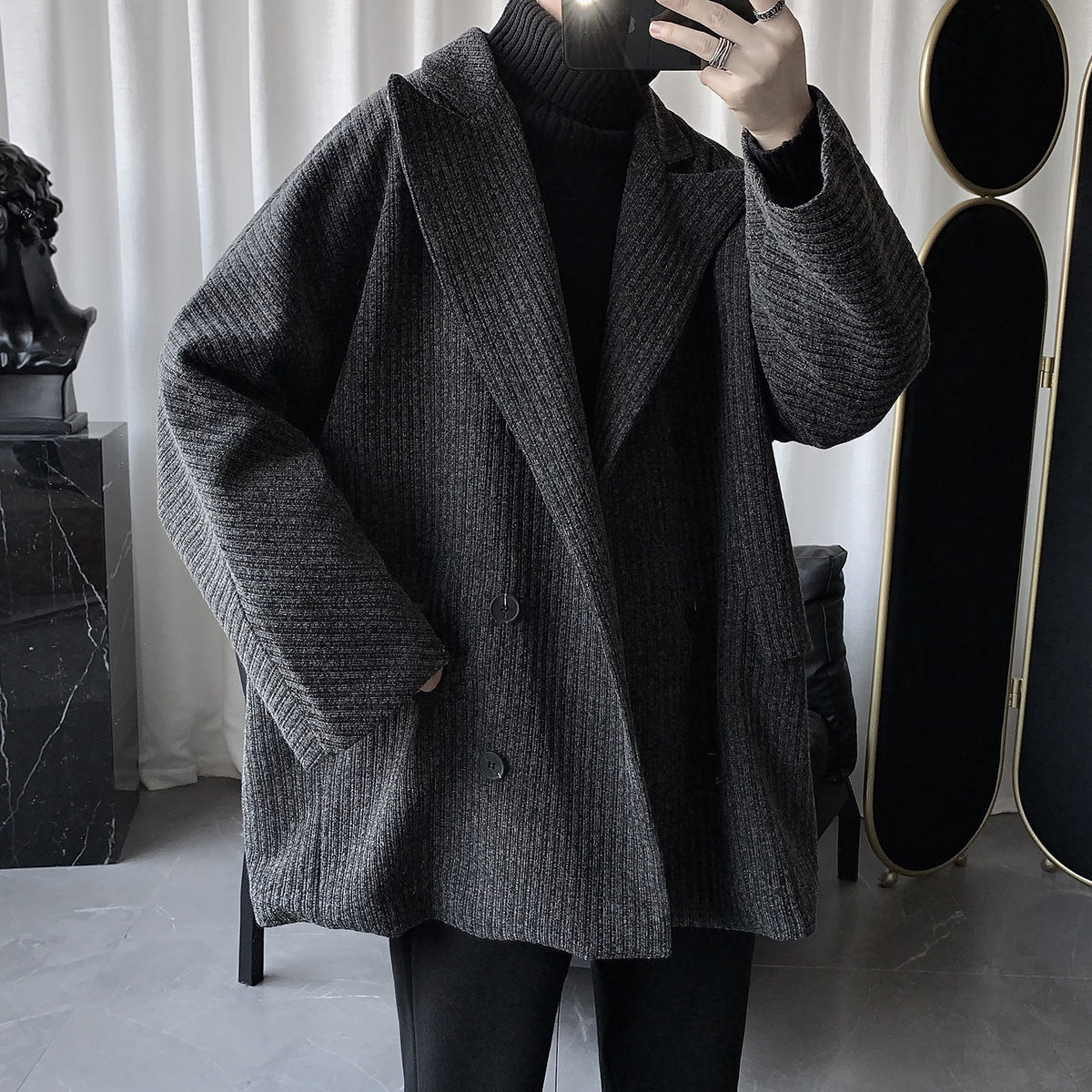 

2021 New Male Winter Long Loose Keep Warm Jacket Young Lapel Gola Trench Wool Coat Black to Thicken S-2xl-sized Jackets 1jn5