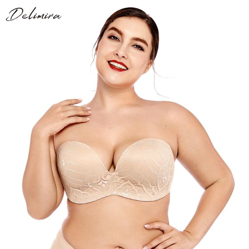 

Bras Delimira Women's Sexy Lace Slightly Padded Underwire Lift Support Plunge Push Up Strapless Bra Plus Size, Beige02