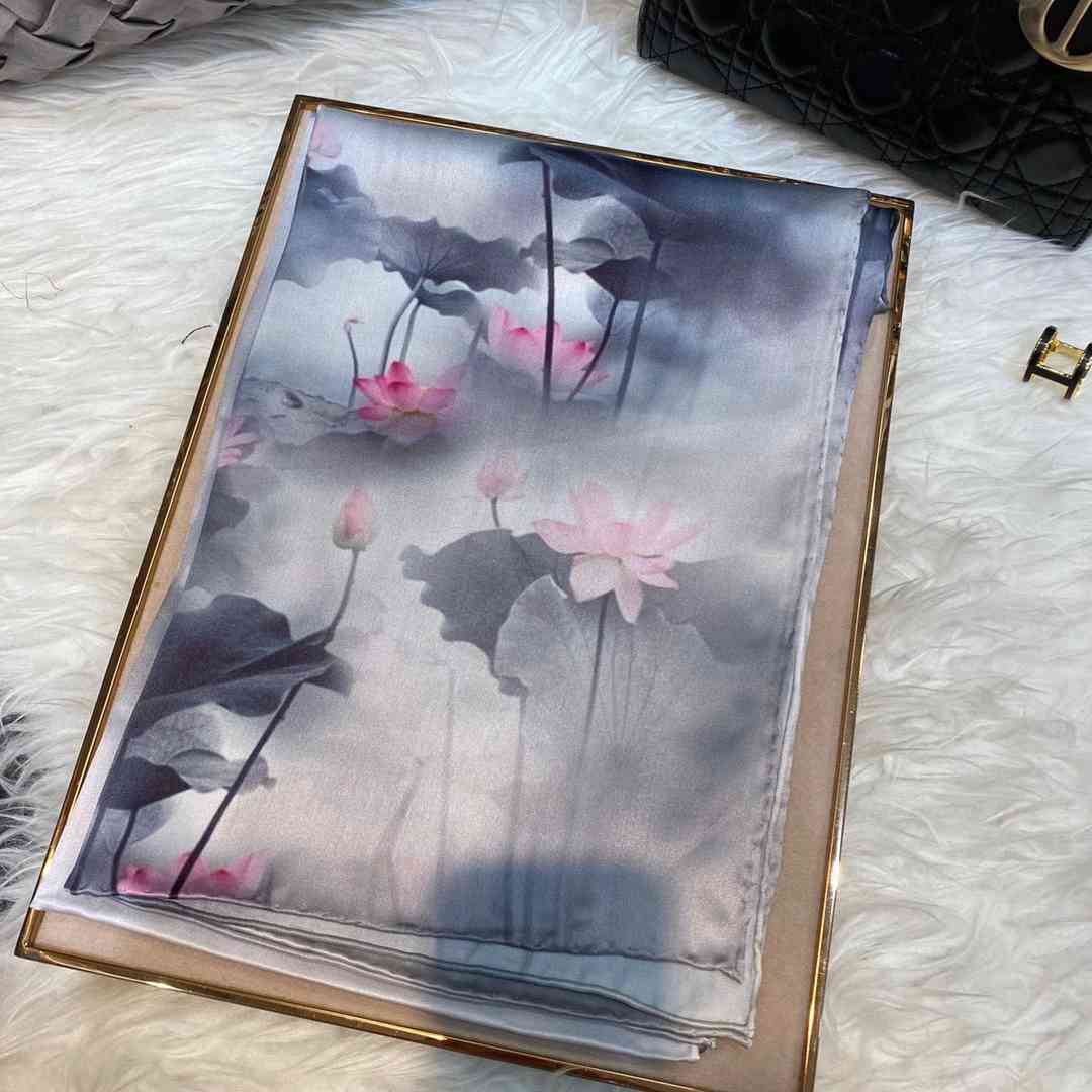 

Chinese Style Ink Lotus Scarf Shawl Women 2021 Design 100% Natural Silk Long Grey Pink Neck Scarves 175*53cm