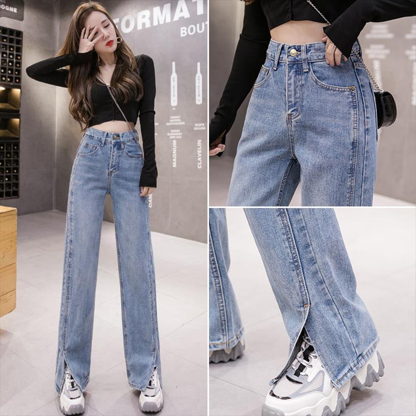

autumn split straight leg women jeans pants loose high waist thinner drape wide, Blue