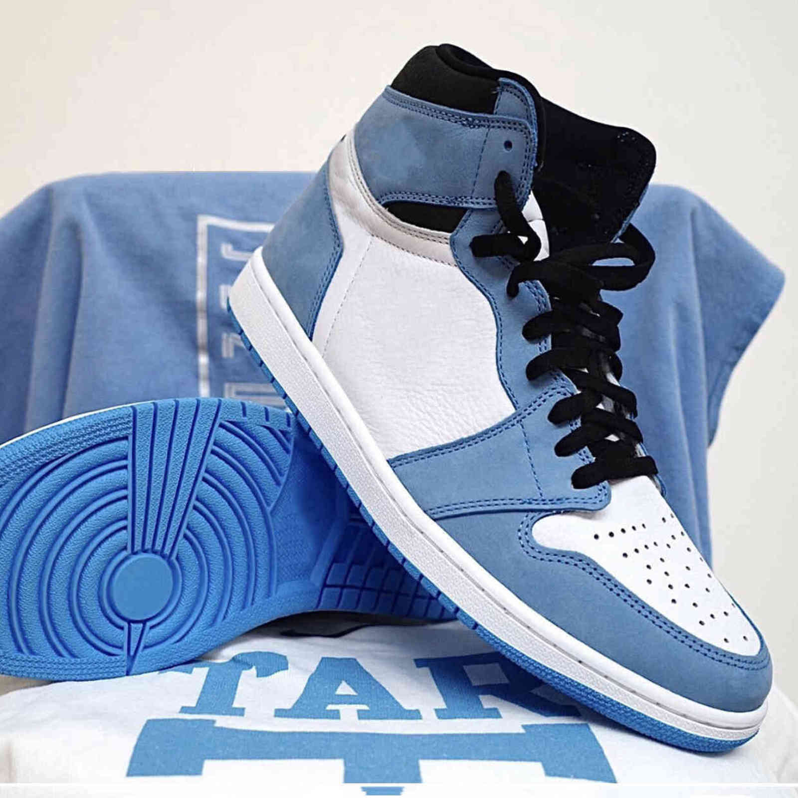 

with box 1 high og university blue mens basketball shoes womens unc leather white back 555088-134 1s men women trainers sports sneakers, Color#1