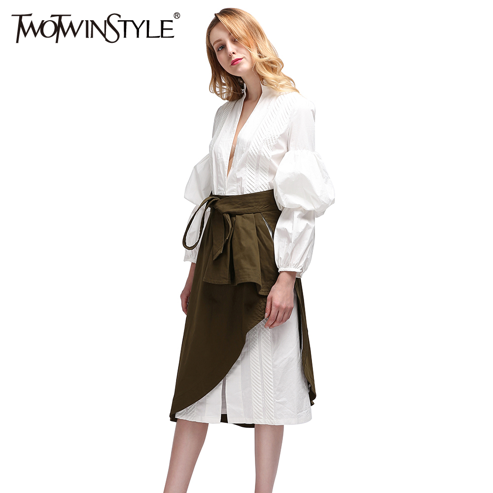 

Sexy Party Dresses Womens Suit Shirt Long Dress Female Lace up Wrap Two Piece Set Large Sizes Female Clothes, White