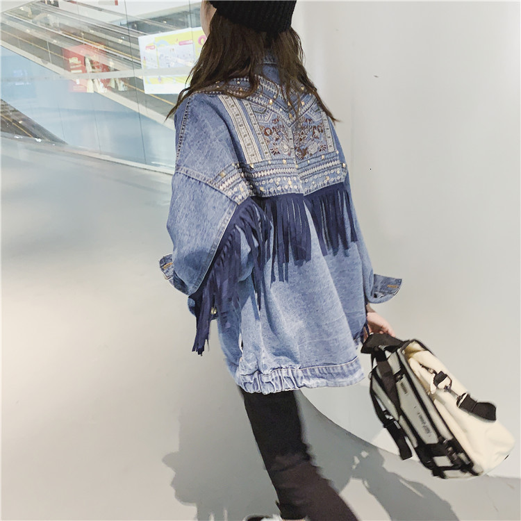 

women's jackets embroidered denim jacket women's new loose korean version of the net red tassel heavy clothing trend yqmf, Black;brown