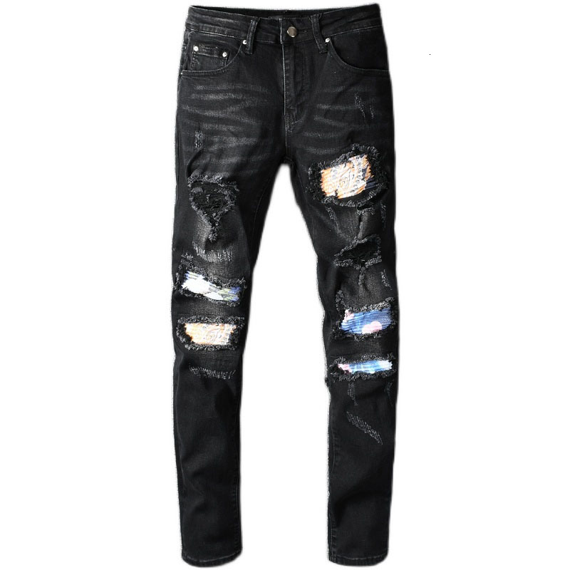 

2021 New Men's Male Trousers Casual High Street Fashion Brand Black Patch Jeans Ripped Elastic Slim Slimming Denim Pants M9w5