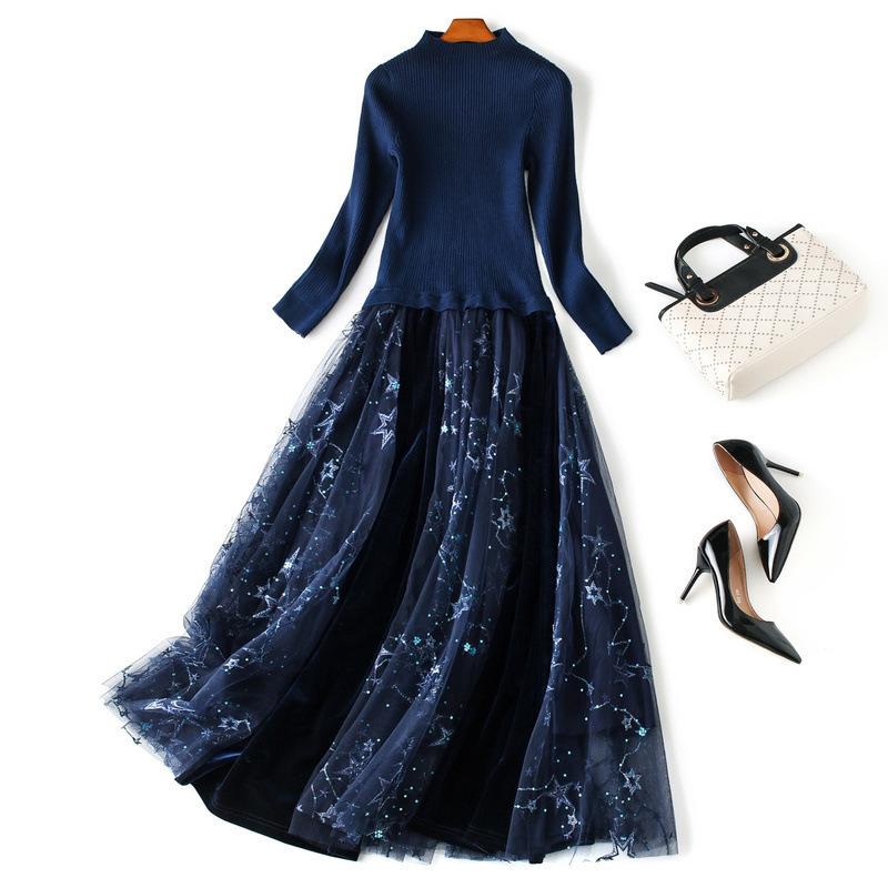 

Casual Dresses Plus Size Women Autumn Mesh Tutu Dress Elegant 3/4 And Long Sleeve Patchwork Knitted Sweater 2021 Navy Blue XXL 3XL