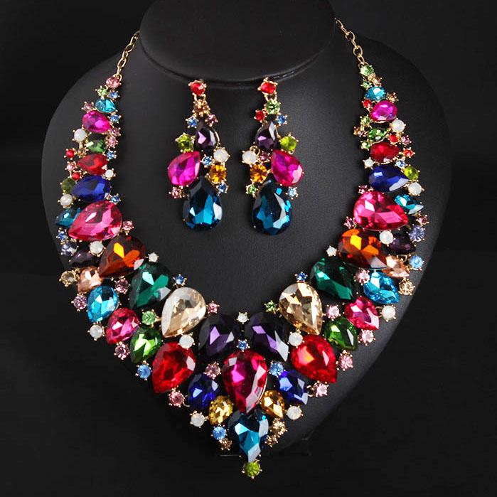 

Earrings & Necklace African Women Jewelry Set Crystal Statement Choker Rhinestone Collar Bridal Wedding Party Multicolor, Silver