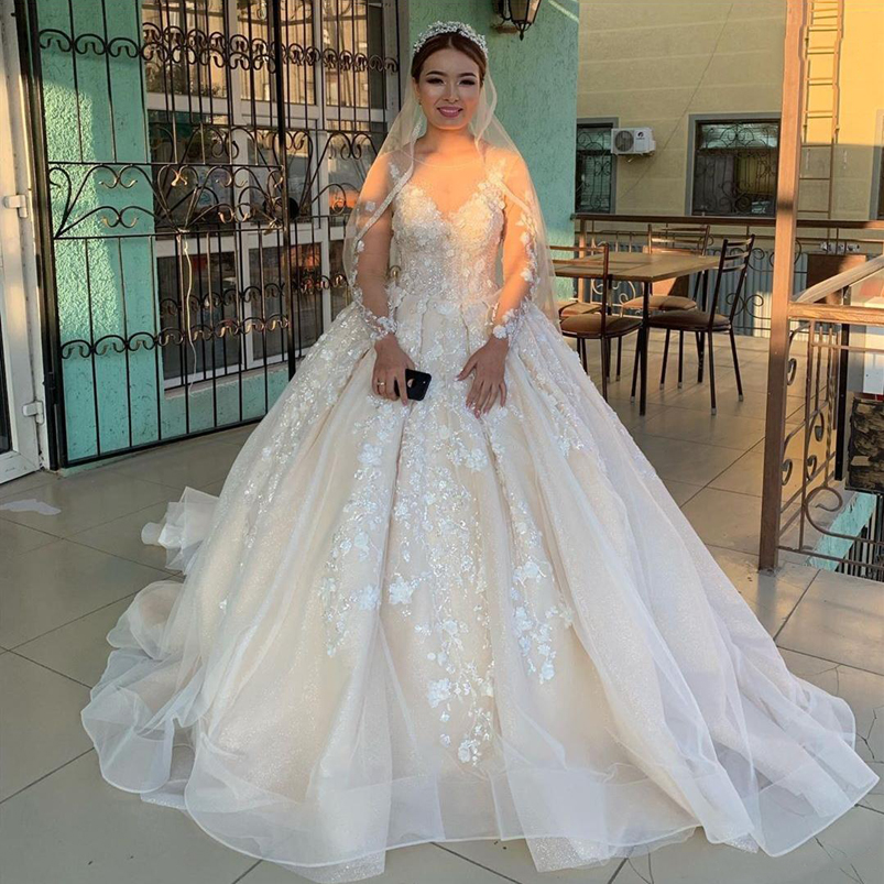 Scoop Sheer Neck Lace Long Sleeves Ball Gown Wedding Dresses 3D Flowers Sequined Appliques Court Train Lace-up Plus Size Bridal Gowns-image-709217269