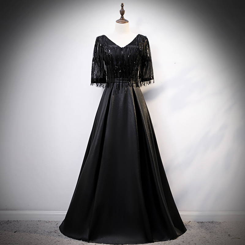 

Black Wedding Evening Women Noble Performance Host Banquet Sexy V-neck Satin Half Sleeve Prom Dress Mbg2