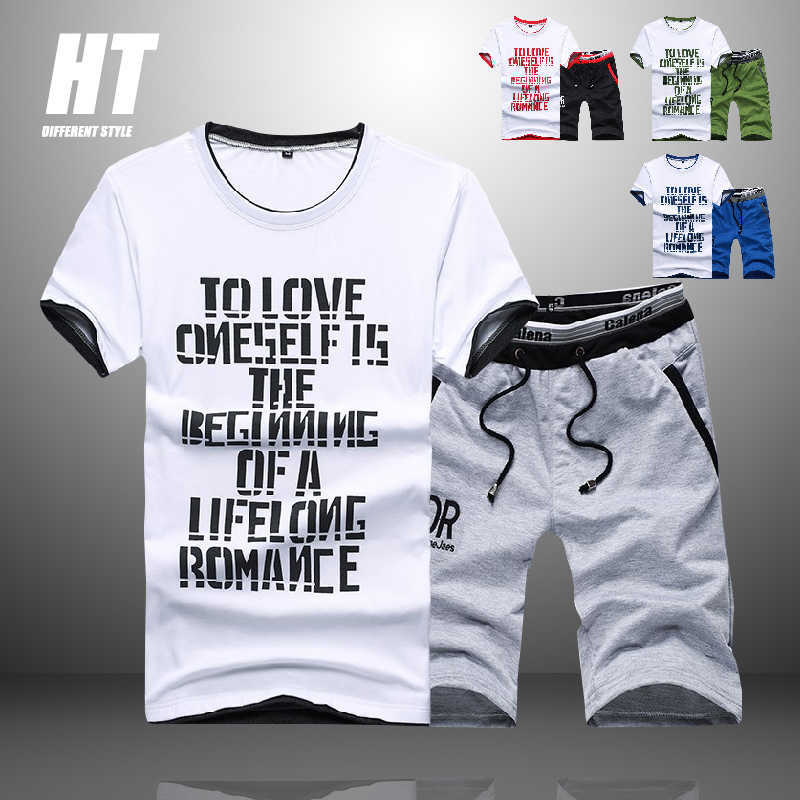 

Men Sets Summer Fashion Short Sleeve T Shirt Tracksuit Men SweatShirt+2pc Casual Pants Male Print Sportswears Men Clothing 210603, D03red