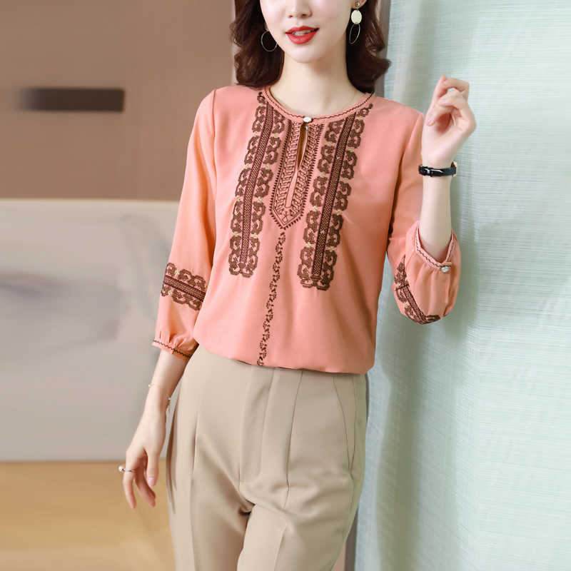 

Korean Women' Shirt Silk Blouses for Women Nine Quarter Sleeve Female Top O-neck Blouse Embroidery Woman Tops OL Clothes 210604, Orange-pink