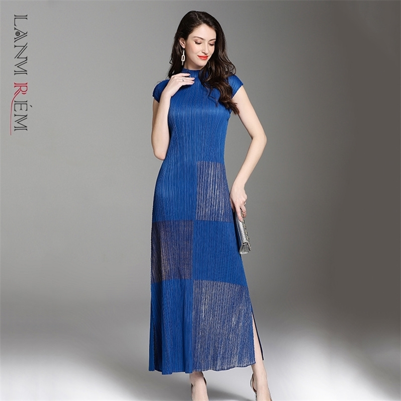 

Women Summer Dress Standing Collar A-line Slim Patchwork Pleated Female Large Size Fashion 2H245 210526, Black