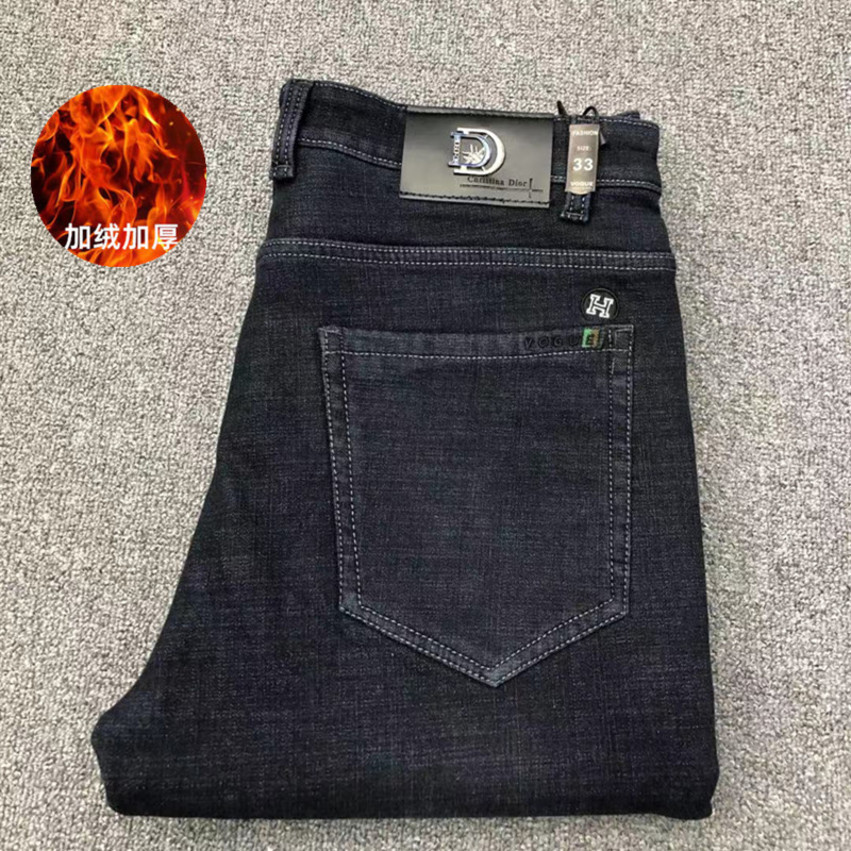 

Plush jeans busins straight tube youth leisure versatile elastic loose winter thickened warm men's, 6603#