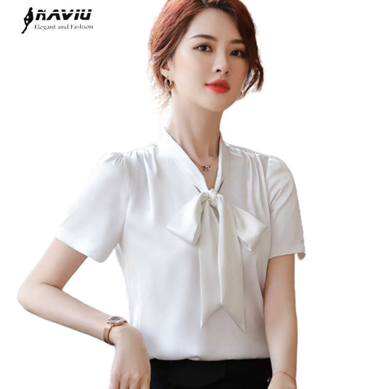 

Summer Shirt Women Bow Tie Design Fashion Loose Short Sleeve Chiffon Blouses Office Ladies Plus Size Work Tops 210604, Light green