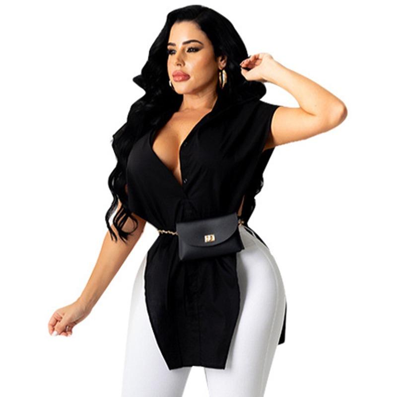 

Women's Blouses & Shirts Lady Turn-down Collar Shirt Buttons Up Tops Sexy Summer Women Sleeveless Deep V Neck Solid Color Irregular Hem Loos, White