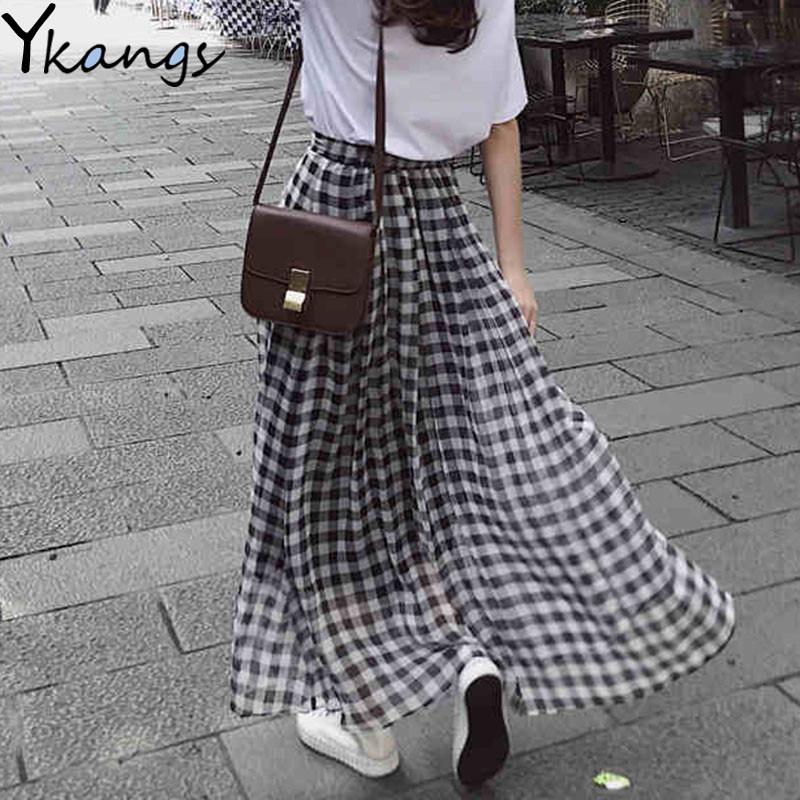 

Skirts Women Chiffon A-line Black White Plaid Skirt Summer High Waist Long Pleated Maxi Femme School Girls Clothes Streetwear