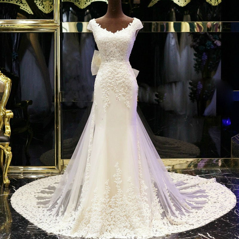 

2021 New Illusion Vestido De Noiva White Backless Lace Mermaid Cap Sleeve Bow Sash Wedding Gown Bride Th50, Ivory