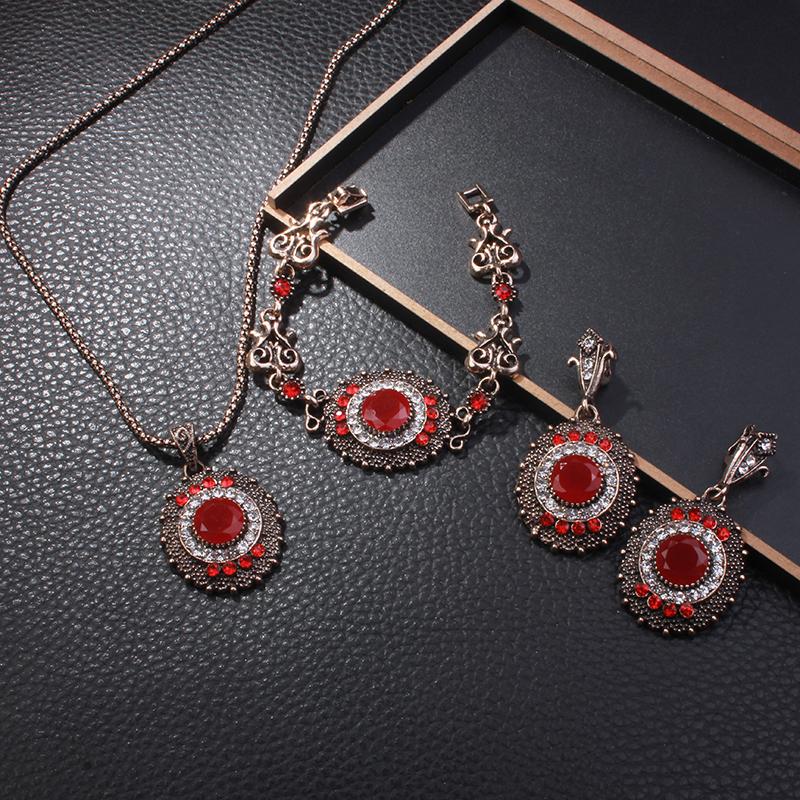

Earrings & Necklace Fashion Big Oval Jewelry Sets Vintage Ethnic Red Zircon Bracelet 4 Pcs Foe Women, Silver