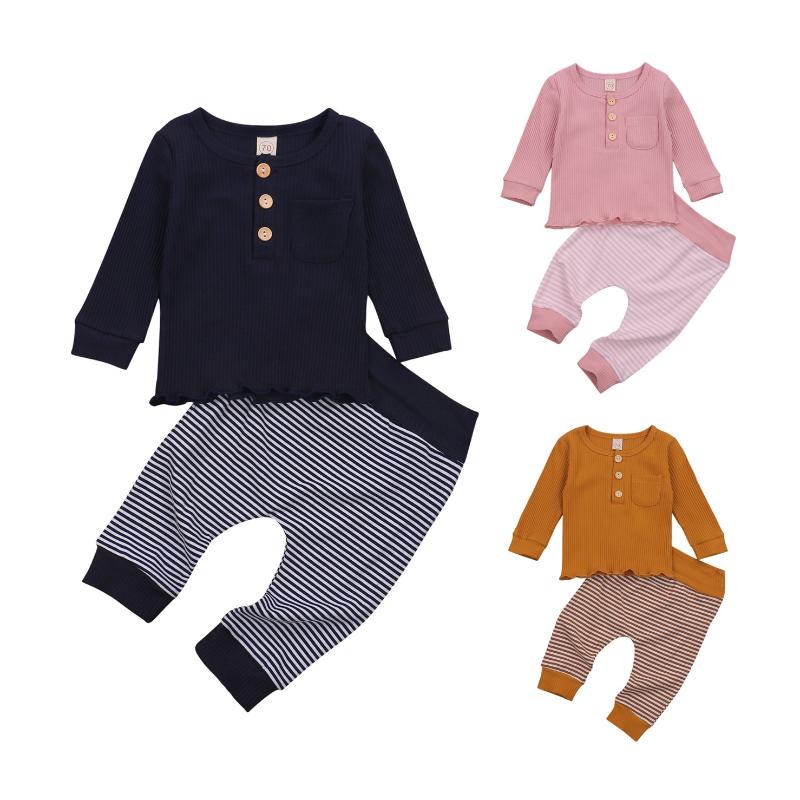 

Clothing Sets Pudcoco 2021 Autumn 0-24M Infant Baby Boy Girl 2Pcs Set Buttons Pocket Long Sleeve Top+Striped Pants Toddler Outfit Clothes, White