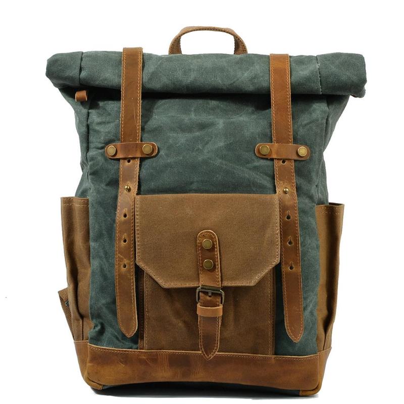 

Outdoor Bags 20-35L Women Retro Canvas Bag Oil Wax Cotton Leather BackageTeenager Traveling Waterproof Rucksack, Lake green