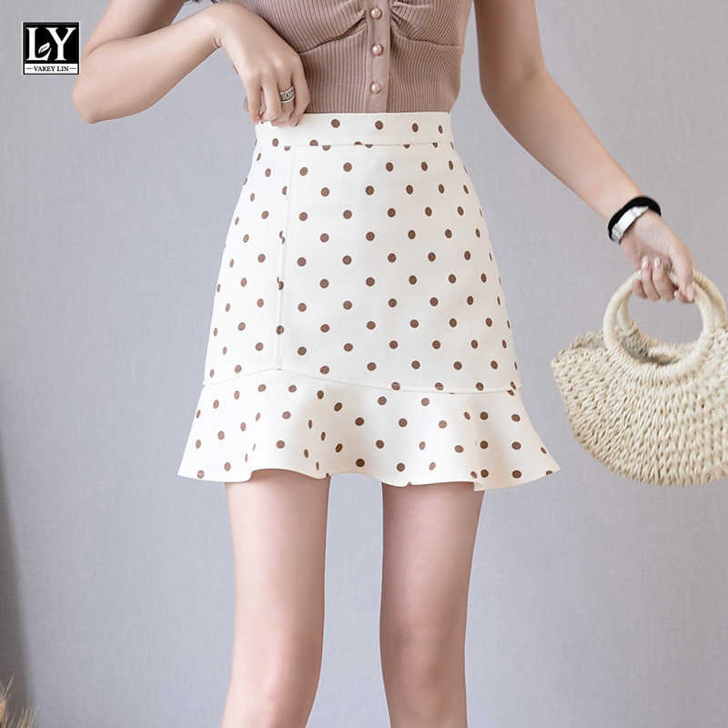 

LY VAREY LIN Summer Women Polka Dot Mini Skirt Casual Female High Waist Irregular Ruffles Ins Black Ladies Short Skirts 210526, Beige