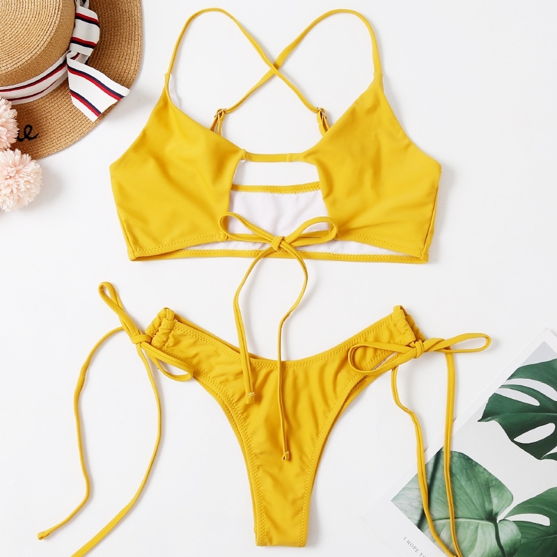 

2021 n ew sexy little fresh bikini rope split women' swimsuit, Yellow