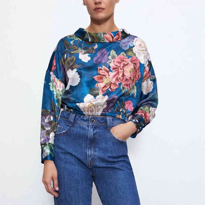 

Women Vintage Elegant Pullover Shirts Casual Spring Puff Sleeve Tops Flowers Print Loose Crop NX9866 210525, Blue