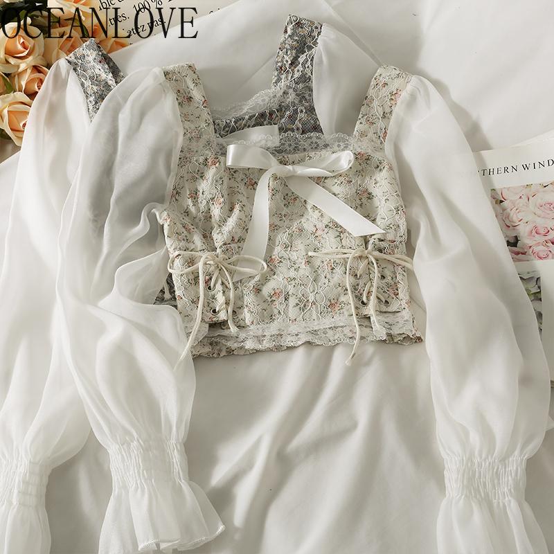 

Women's Blouses & Shirts OCEANLOVE 2021 Lace Print Bow Chiffon Patchwork Vintage Short Sexy Women Korean Autumn Retro Blusas Mujer, White