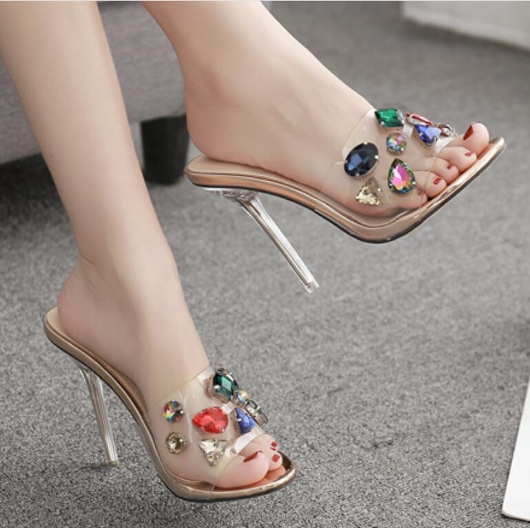 

Slippers 2021 Women's Shoes Transparent Crystal High Heel Sandal, Silver