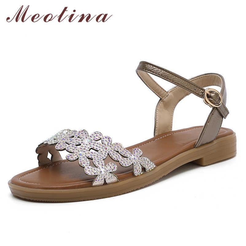 

Meotina Women Shoes Genuine Leather Sandals Flat Flower Sandals Round Toe Cow Leather Ladies Footwear Summer Black Big Size 43 210608, Beige