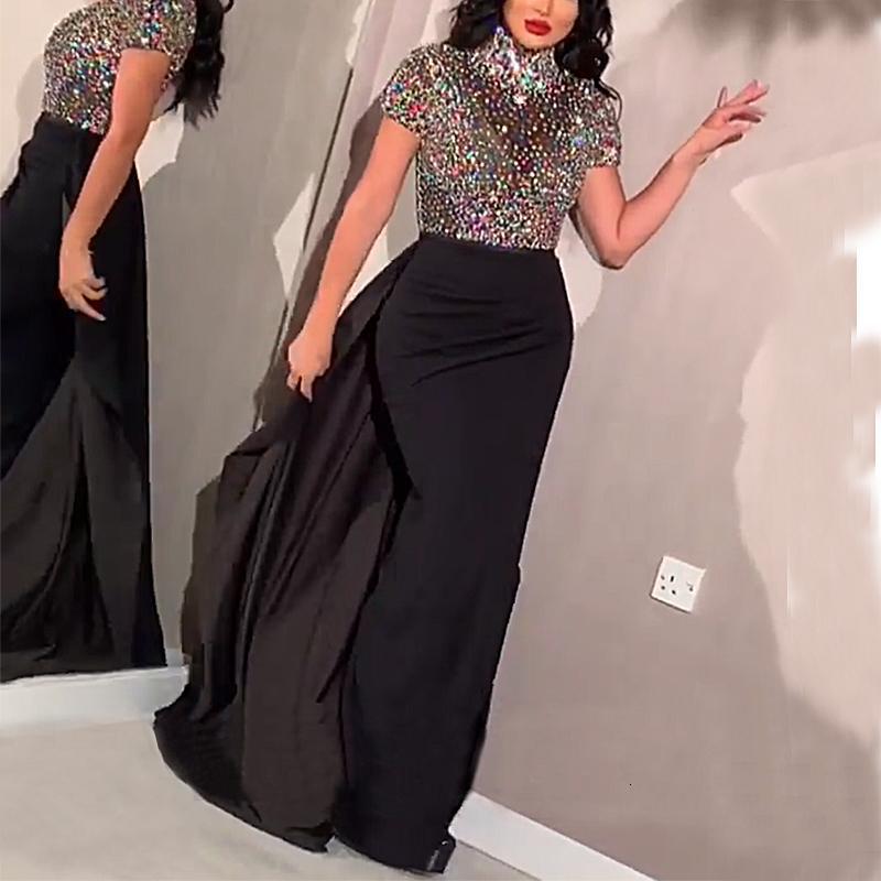 

New 2021 Luxury Sparkle Rhinestone Arabic Dubai Evening Short Sleeves Beaded Crystal Prom Party Gowns Sexy Formal Es 5e72, Navy blue