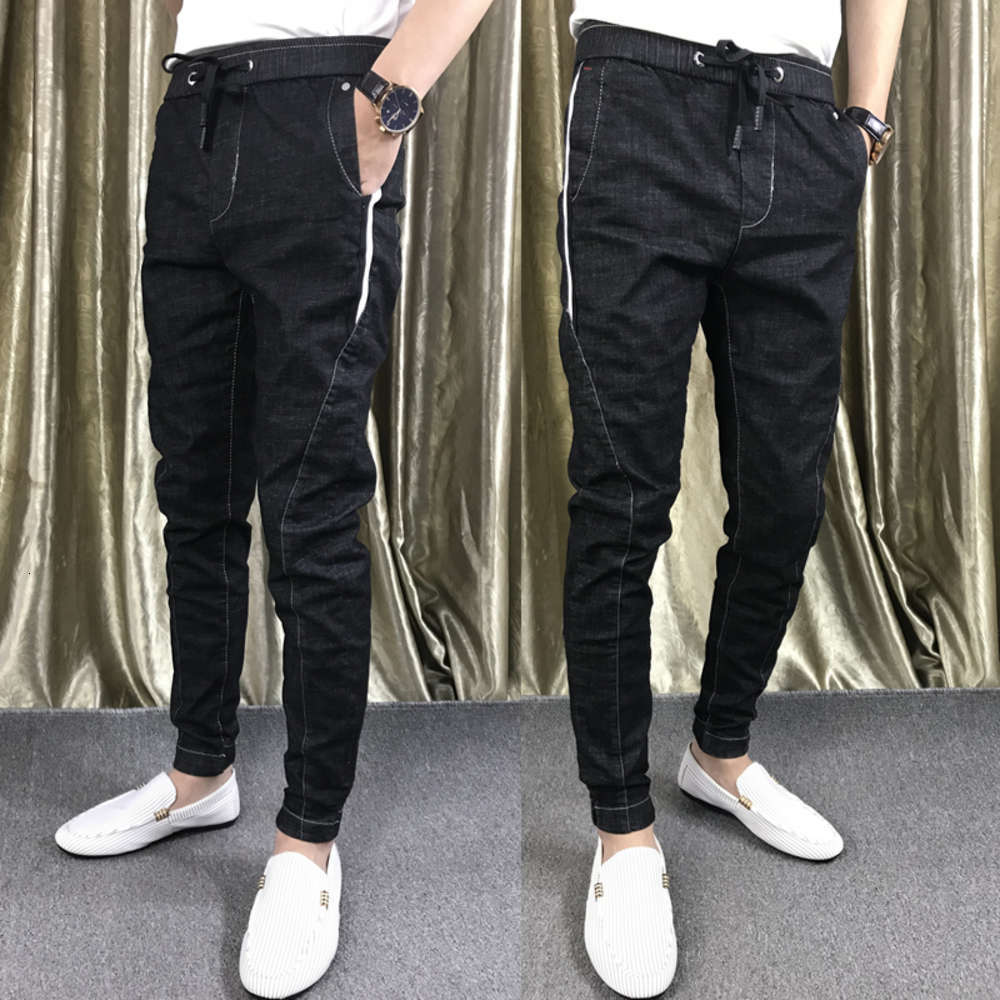 

2021 spring new men's Korean elastic Leggings social spirit guy slim Harlan jeans trendy man, Blue