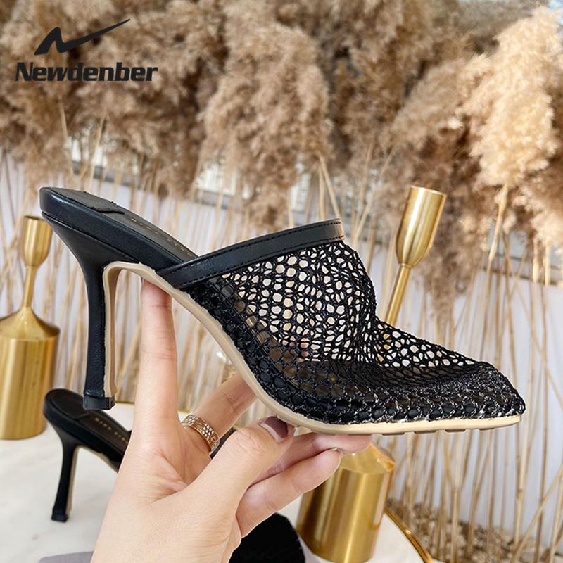 

Sandals Summer Women Square Toe Net Shoes High-Heeled Sexy Pumps Design Brand Slippers Dress Party, Apricot