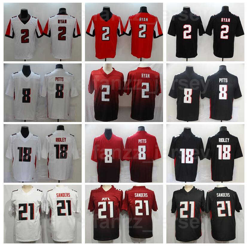 

Men Football 2 Matt Ryan Jersey 8 Kyle Pitts 18 Ridley 21 Deion Sanders Vintage Retro Home Black Red Away White Color Rush All Stitched For