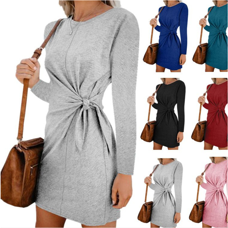 

2021 New Womens Round Neck Lace Up Elegant Office Lady Solid Slim Mini Summer Fashion Long Sleeve Sexy Party Es Vestidos Hah7, Black