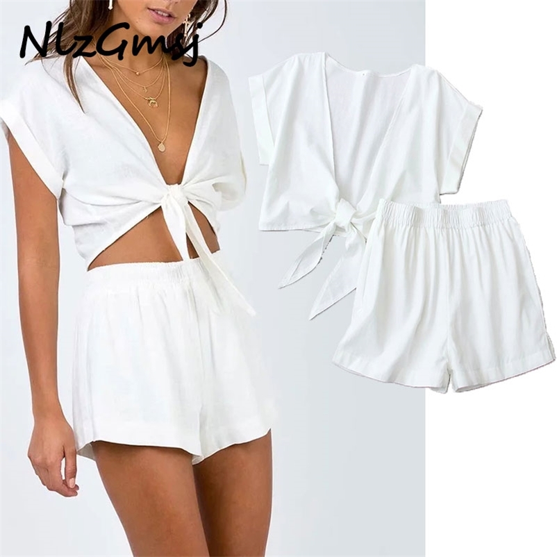 

Women Blouse With Short Raglan Sleeve V-neck Belt Lace Up Solid Color Bow Summer Skinny Exposed Navel Tops 05 210628, As picture
