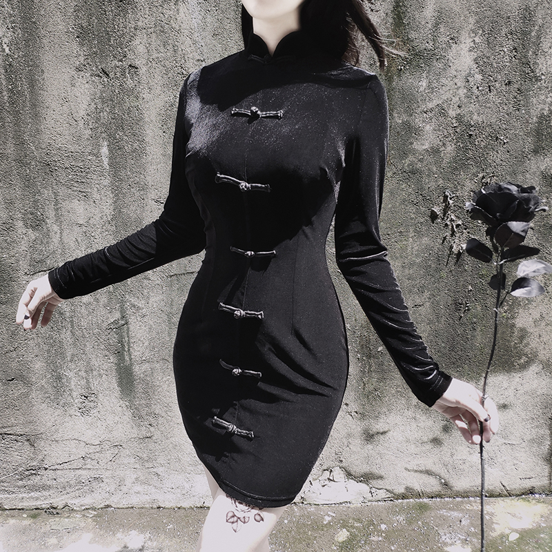 

Women Retro Bodycon Dress Gothic Punk Streetwear Black Vintage Long Sleeve Party Female Dress Chinese Cheongsam Dresses, Black;gray