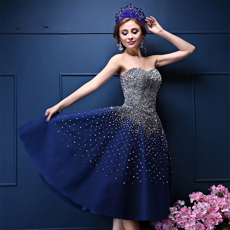 

2021 New Navy Blue Beading Prom Es Party Short Luxury Graduation Homecoming Gowns Cokctail Vestido De Festa Curto Y6i6