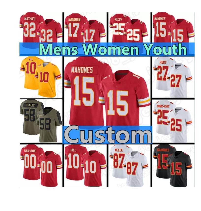 Chieftain Custom 15 Patrick Mahomes Mens Football Jersey 32 Tyrann Mathieu 87 Travis Kelce 10 Tyreeek Hill 38 L'Jarius Sneed Youth Joe Montana 20