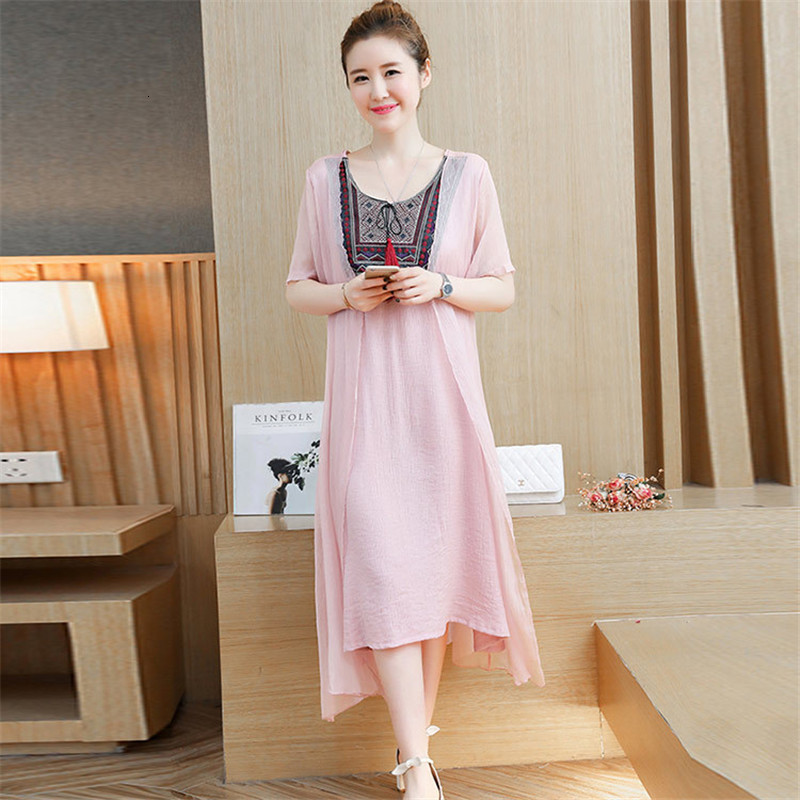

2021 Red Summer New Es Vestido Casual Embroidery Mock Two-piece Silk Linen Female Loose Women Clothing Wxf622 Rium, Grey