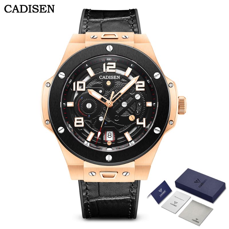 

Wristwatches CADISEN Top Rose Gold Automatic Watch Men Mechanical Wristwatch 100m Waterproof Sapphire Crystal Date Leather, Silver