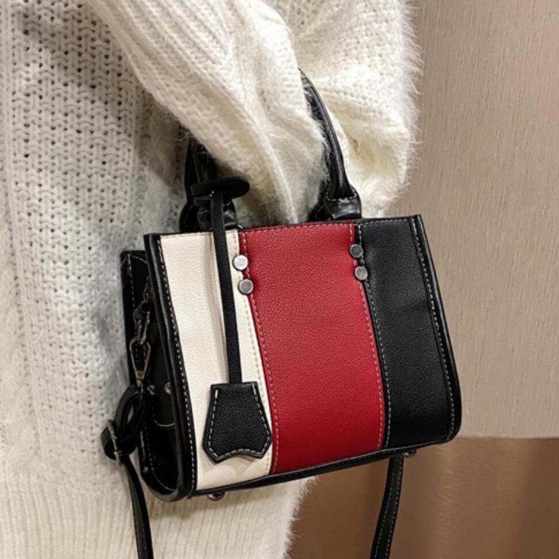 

Elegant Female Square Tote bag 2021 New High quality PU Leather Women's Designer Handbag Contrast color Shoulder Messenger Bag, Black