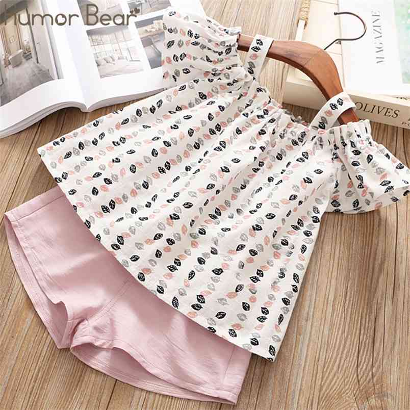 

Summer Girl Clothes Suit Brand Leaf Print Sling T-Shirt+Shorts 2PCS Set Toddler Kid Baby Girls Clothing 210611, Bn1076 yellow