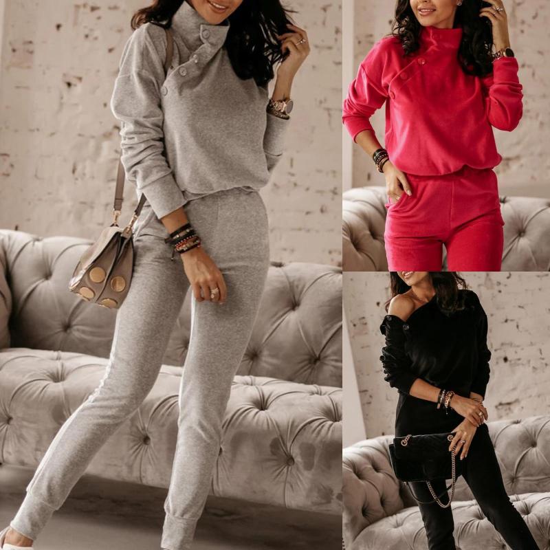 

Women's Two Piece Pants 2022 Set Tracksuit Autumn Women Long Sleeve Turtle Neck Buttons Blouse Sweatshirt Outfit Sweatwear Sportwear, White